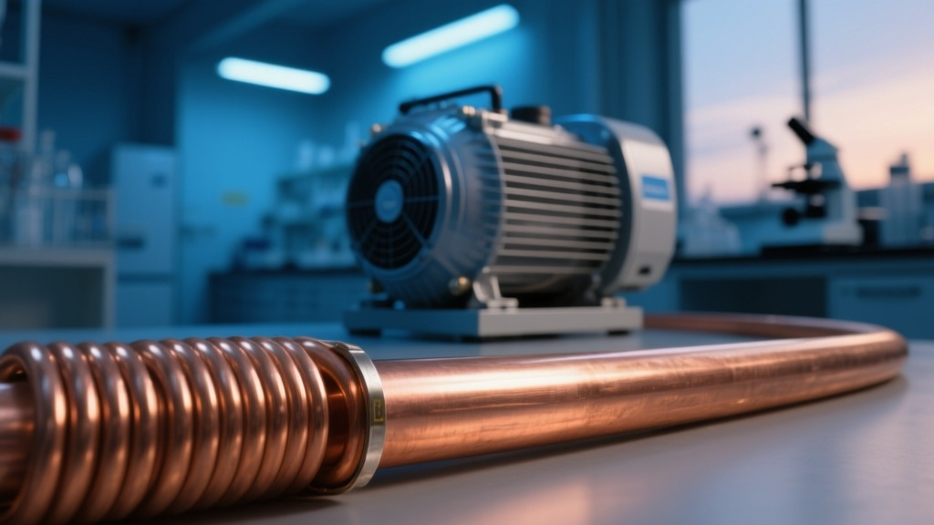 Медная капиллярная трубка и компрессорный блок в лаборатории